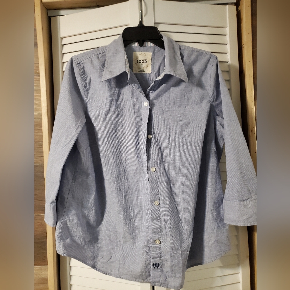 Izod 3/4 Sleeve Blue Button Up Blouse Sz Xl